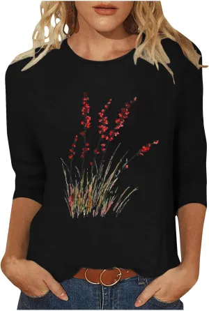 Women's Vintage Floral T Shirt 3/4 Sleeve Boho Wildflower Graphic Loose Dandelion Tees Short Sleeve Casual Tops Tees