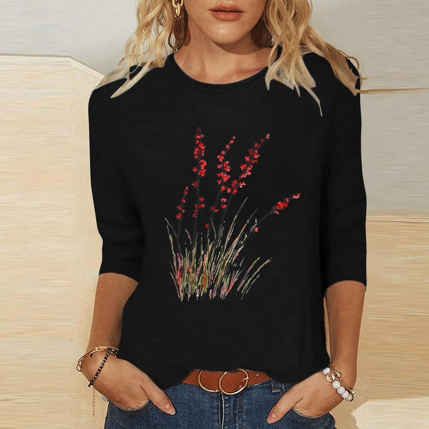 Women's Vintage Floral T Shirt 3/4 Sleeve Boho Wildflower Graphic Loose Dandelion Tees Short Sleeve Casual Tops Tees