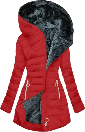 Womens Winter Coat, Fleece Lined Puffer Jacket Solid Zip Up Jacket with Fur Hood Thicken Warm Winter Coat with Pocket