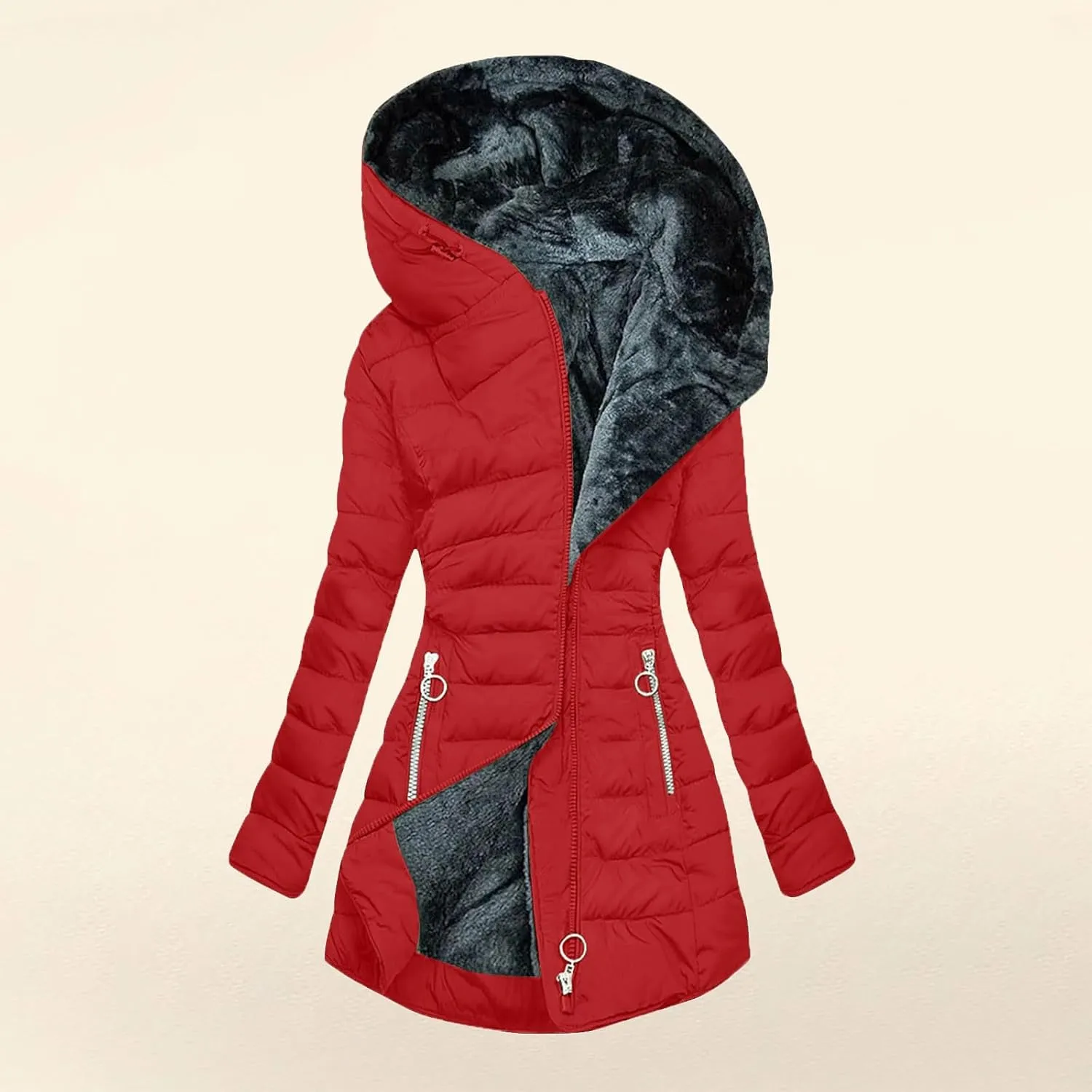 Womens Winter Coat, Fleece Lined Puffer Jacket Solid Zip Up Jacket with Fur Hood Thicken Warm Winter Coat with Pocket