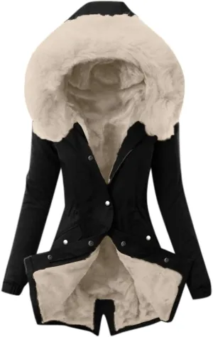 Womens Winter Fleece Jacket with Hood Fashion Elegant Long Sleeve Button Overcoat Casual Slim Outdoor Outing Outwear