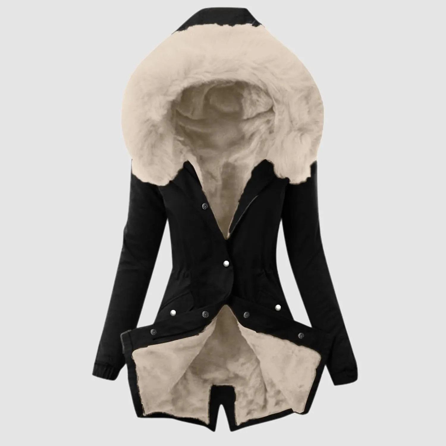 Womens Winter Fleece Jacket with Hood Fashion Elegant Long Sleeve Button Overcoat Casual Slim Outdoor Outing Outwear
