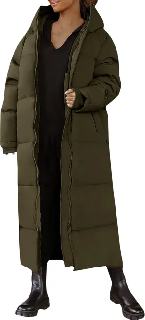 Womens Winter Long Coats Trendy Thicken Warm Puffer Jacket Casual Full Zip Padded Coat with Hood 2024 Outdoor Outwear