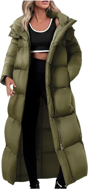 Womens Winter Long Quilted Coats Long Coats Hooded Puffer Jackets Casual Thicken Down Jackets Trendy Warm Outerwear