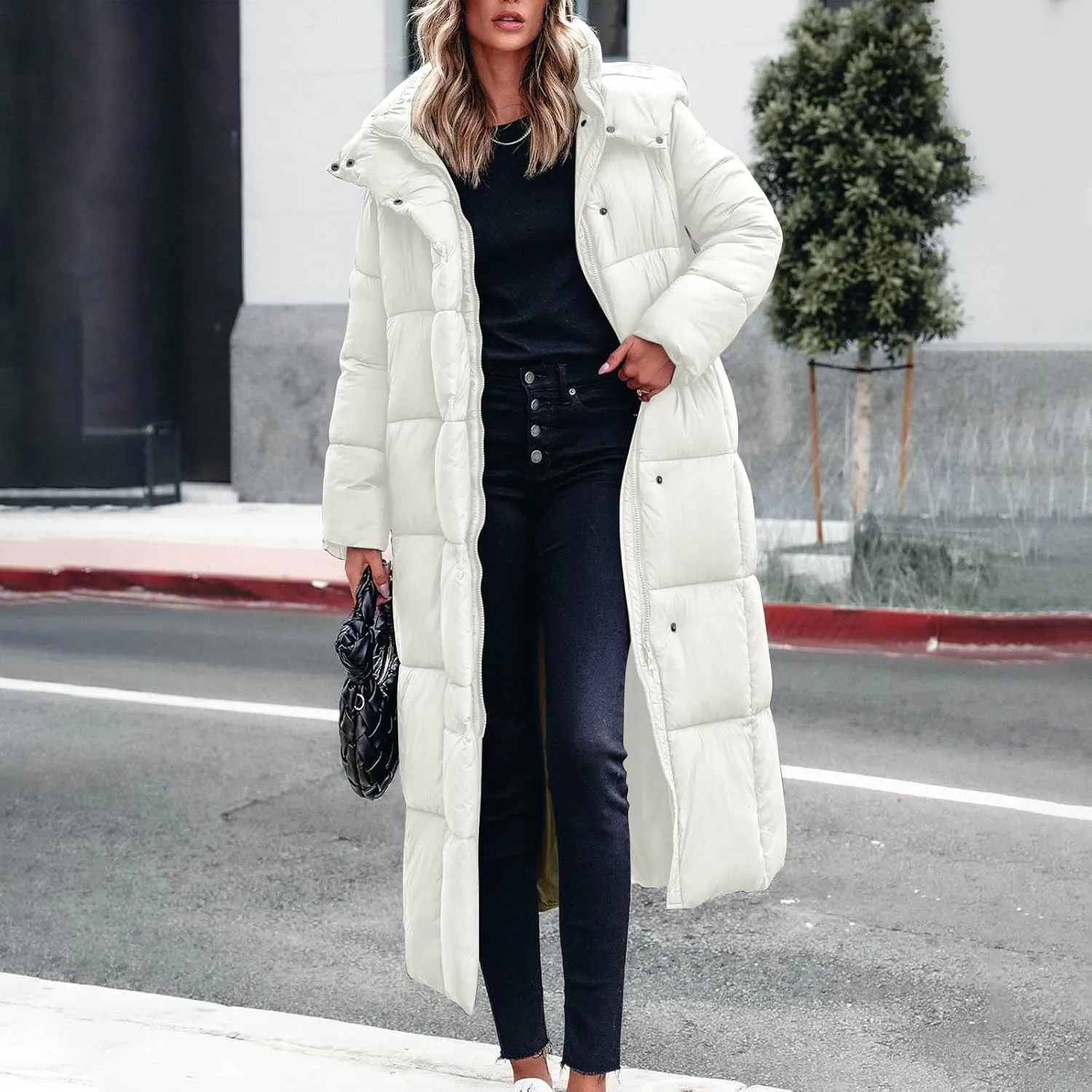 Womens Winter Long Quilted Coats Long Coats Hooded Puffer Jackets Casual Thicken Down Jackets Trendy Warm Outerwear