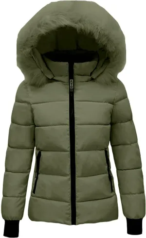 Women's Winter Quilted Puffer Coat Jacket Windproof Thicken Warm Down Coats with Removable Faux Fur Hood and Zipper