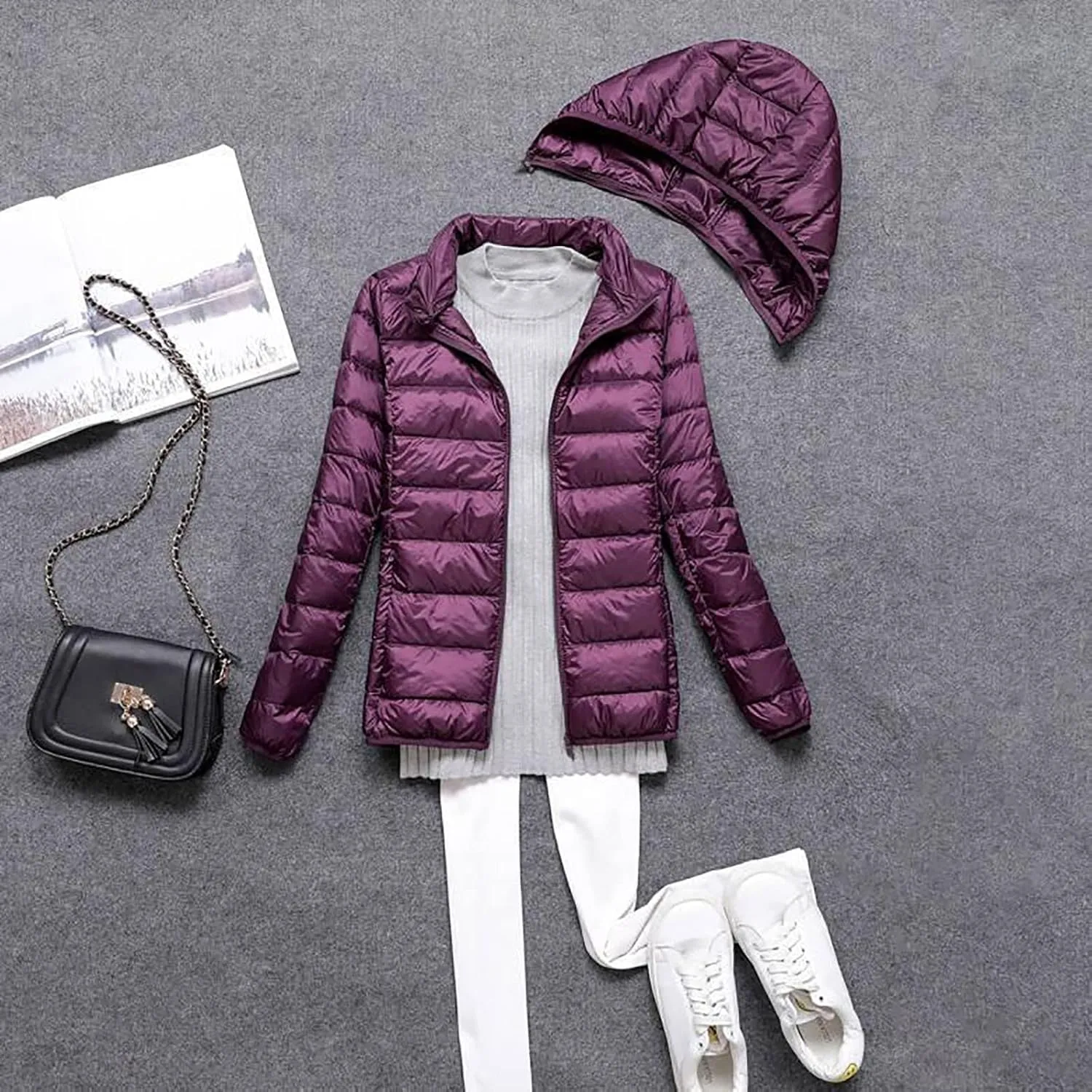 Womens Winter Quilted Pulover Puffer Jackets Lightweight Packable Long Sleeve Down Coat Casual Daily Running Outwear