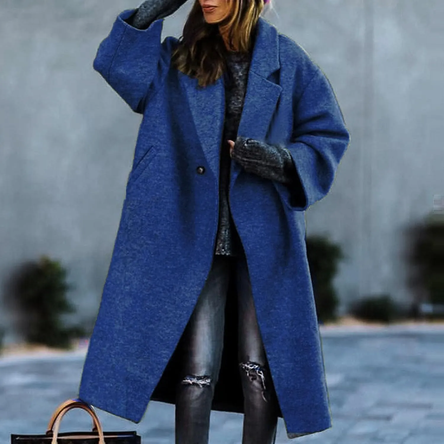 Women's Winter Woolen Coat,Lapel Collar One Button Winter Long Shacket Coat Plus Sized Trench Coat Pockets