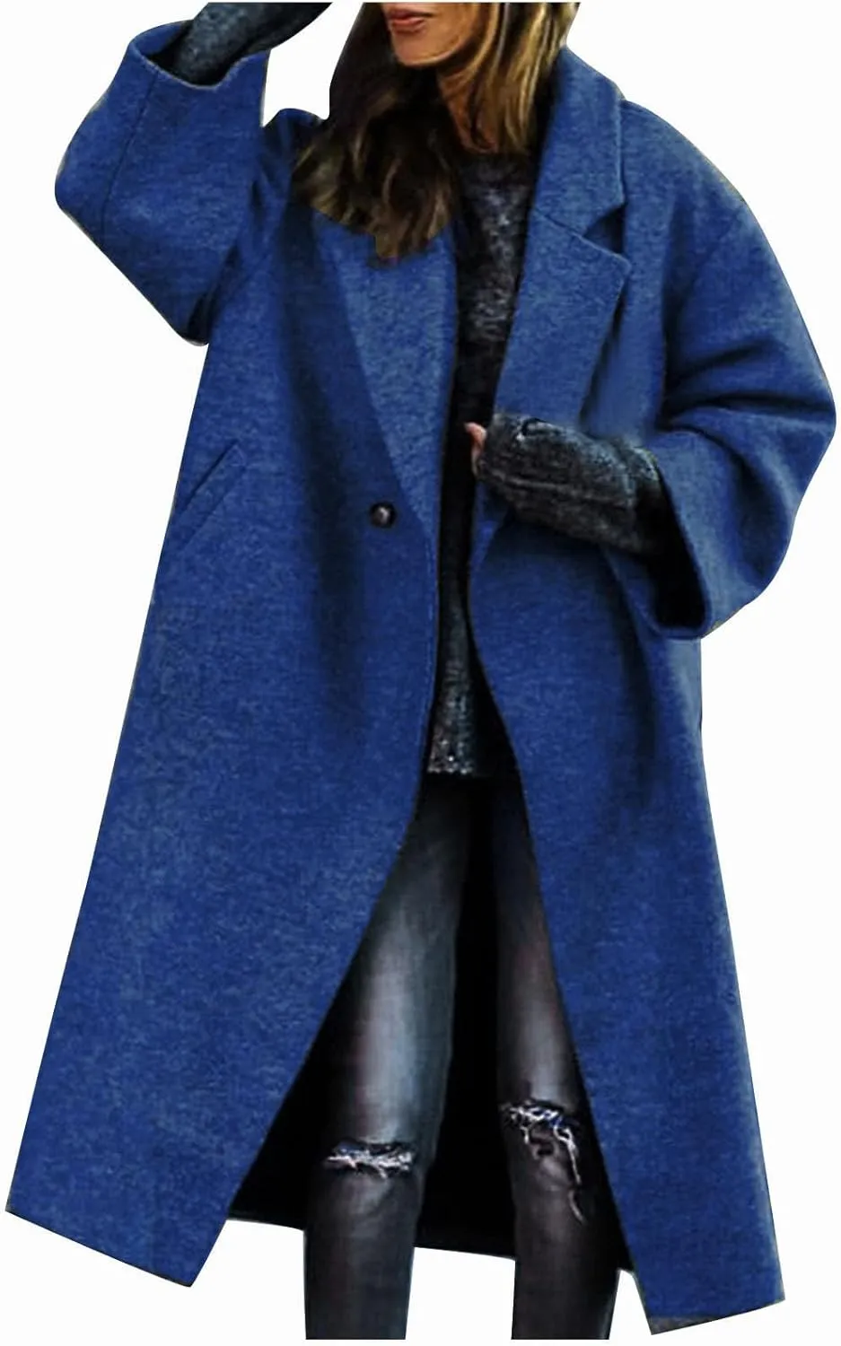 Women's Winter Woolen Coat,Lapel Collar One Button Winter Long Shacket Coat Plus Sized Trench Coat Pockets