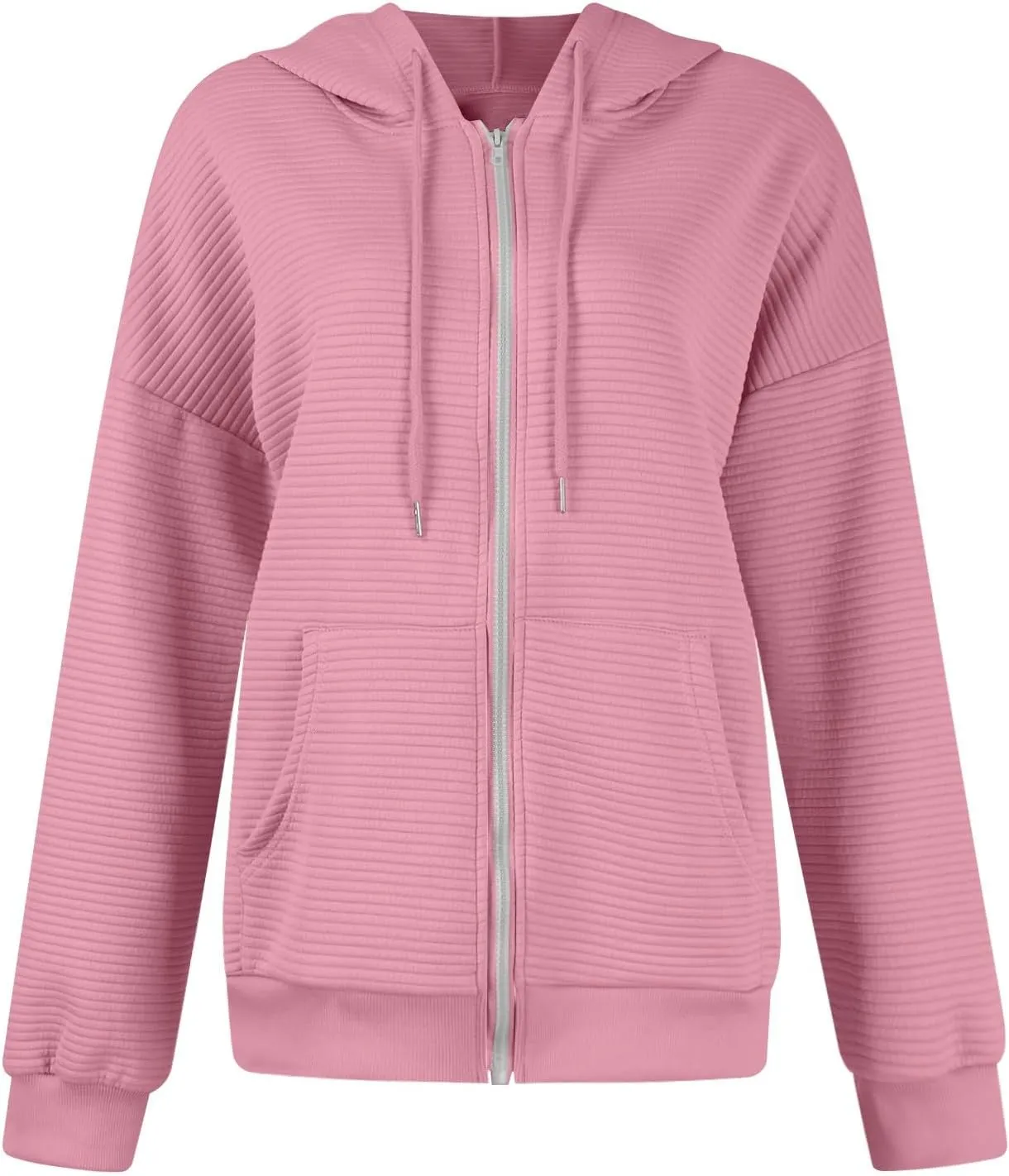 Womens Zip Up Hoodie Waffle Knit Clothes Fall Fashion Oversized Sweatshirt Long Sleeve Jacket With Pockets