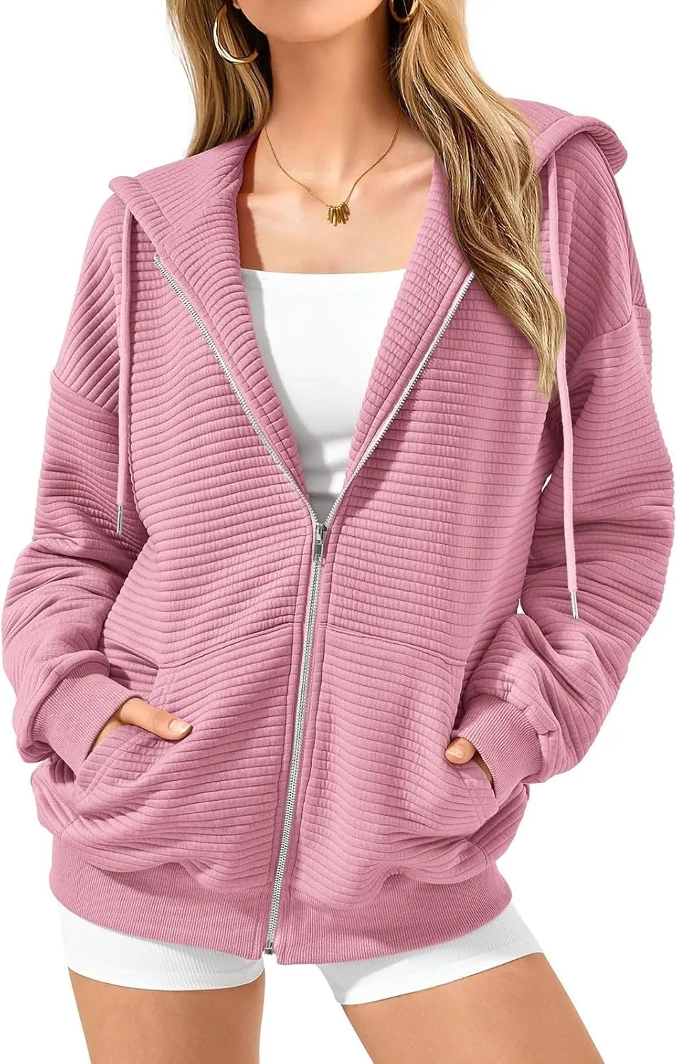 Womens Zip Up Hoodie Waffle Knit Clothes Fall Fashion Oversized Sweatshirt Long Sleeve Jacket With Pockets