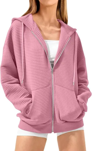 Womens Zip Up Hoodie Waffle Knit Clothes Fall Fashion Oversized Sweatshirt Long Sleeve Jacket With Pockets