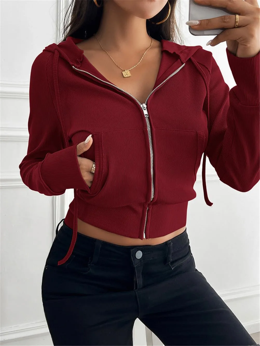 Womens Zip Up Hoodies Cropped Sweatshirts,Women's Slim Short Zipper Cardigan Hooded Jacket,Zip Up Hoodie