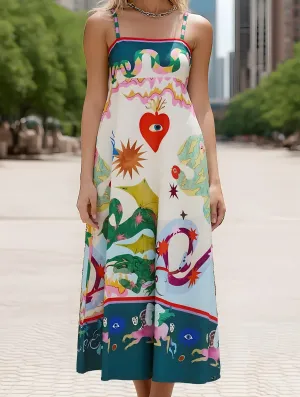 Night Style Insulating-Lining Wonderland Fairy Print Swing Dress ??Whimsical Strappy Midi
