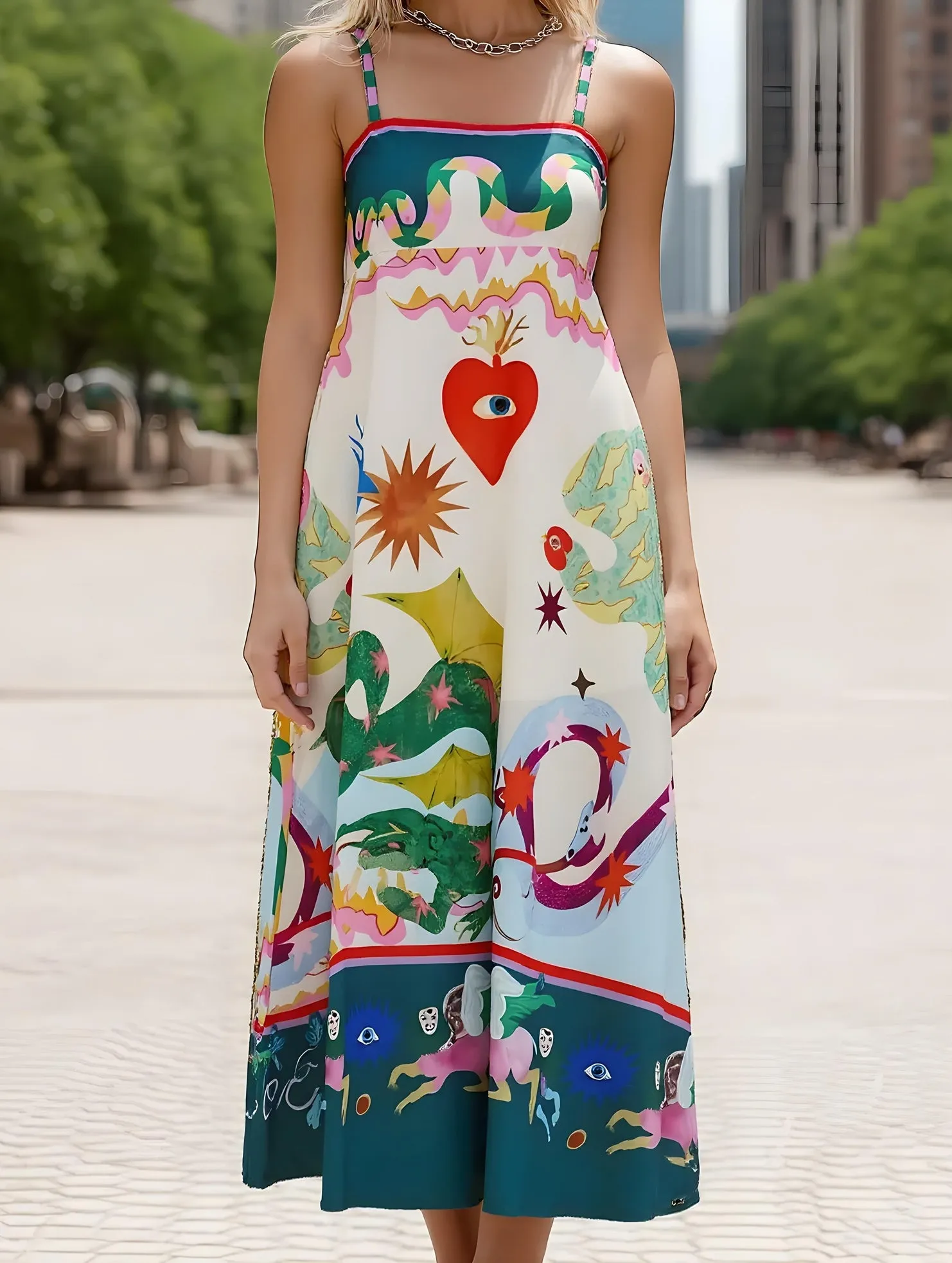 Wonderland Fairy Print Swing Dress ??Whimsical Strappy Midi Natural Wrap