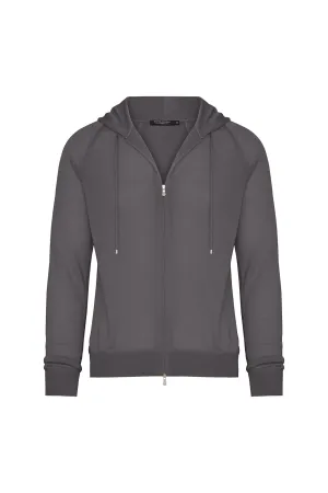 Wool Traveler Knit Zip-Front Hooded Sweater in Heathered Shark