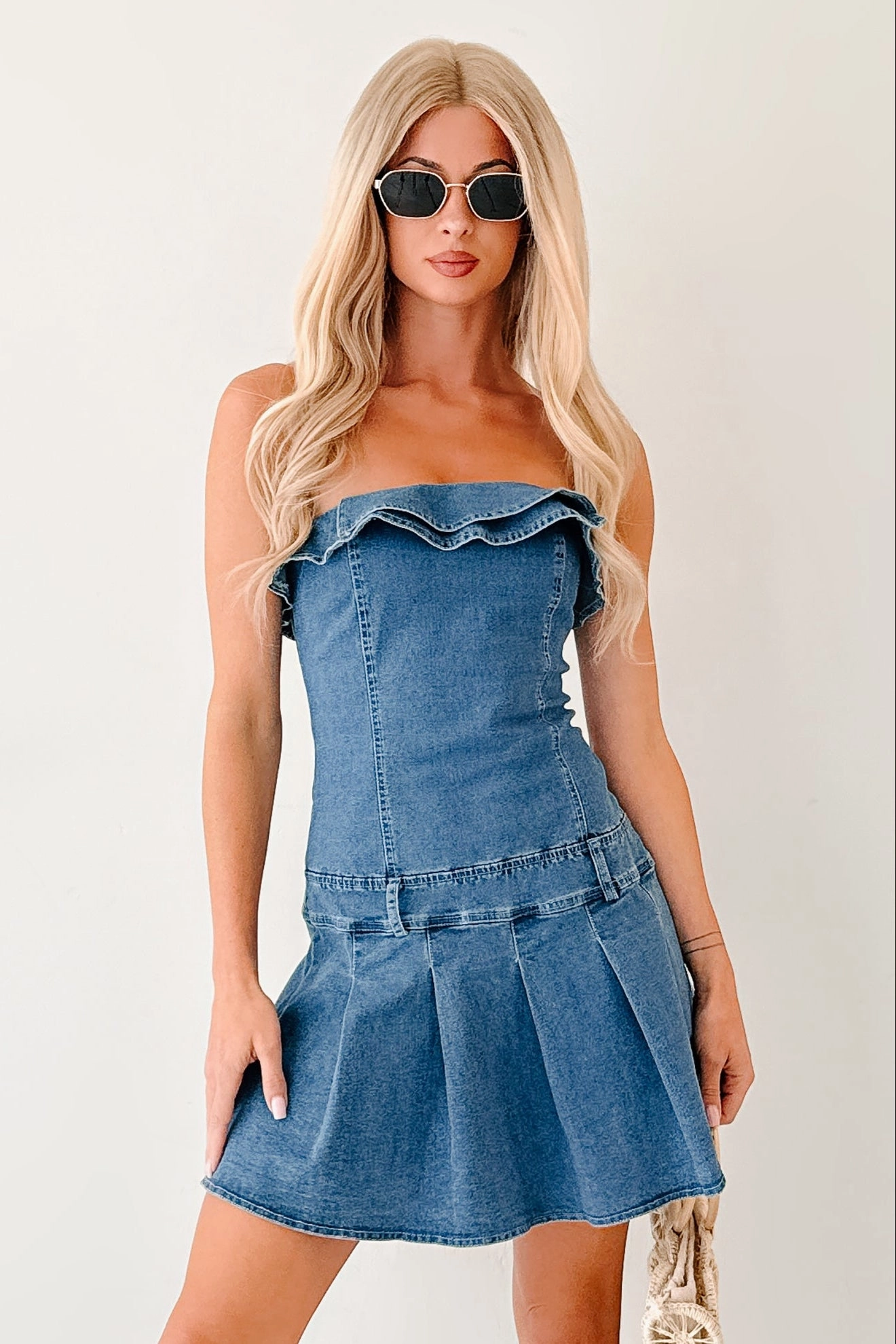 Stretch Blouse Anti Static Treatment Work It Out Strapless Pleated Ruffle Mini Dress (Denim)