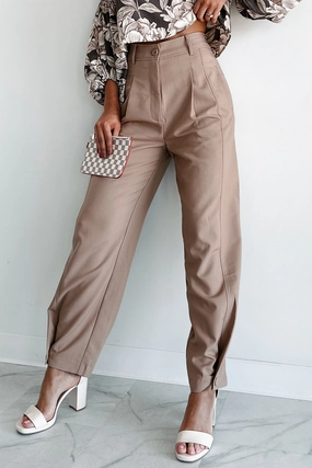 Flattering Comfort Active Look Working Late Pleated Buttoned Cuff Pants (Latte)