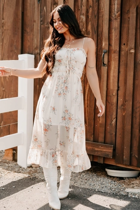 Lace Detail Subtle design Peach Please Sleeveless Floral Midi Dress (Cream/Multi)