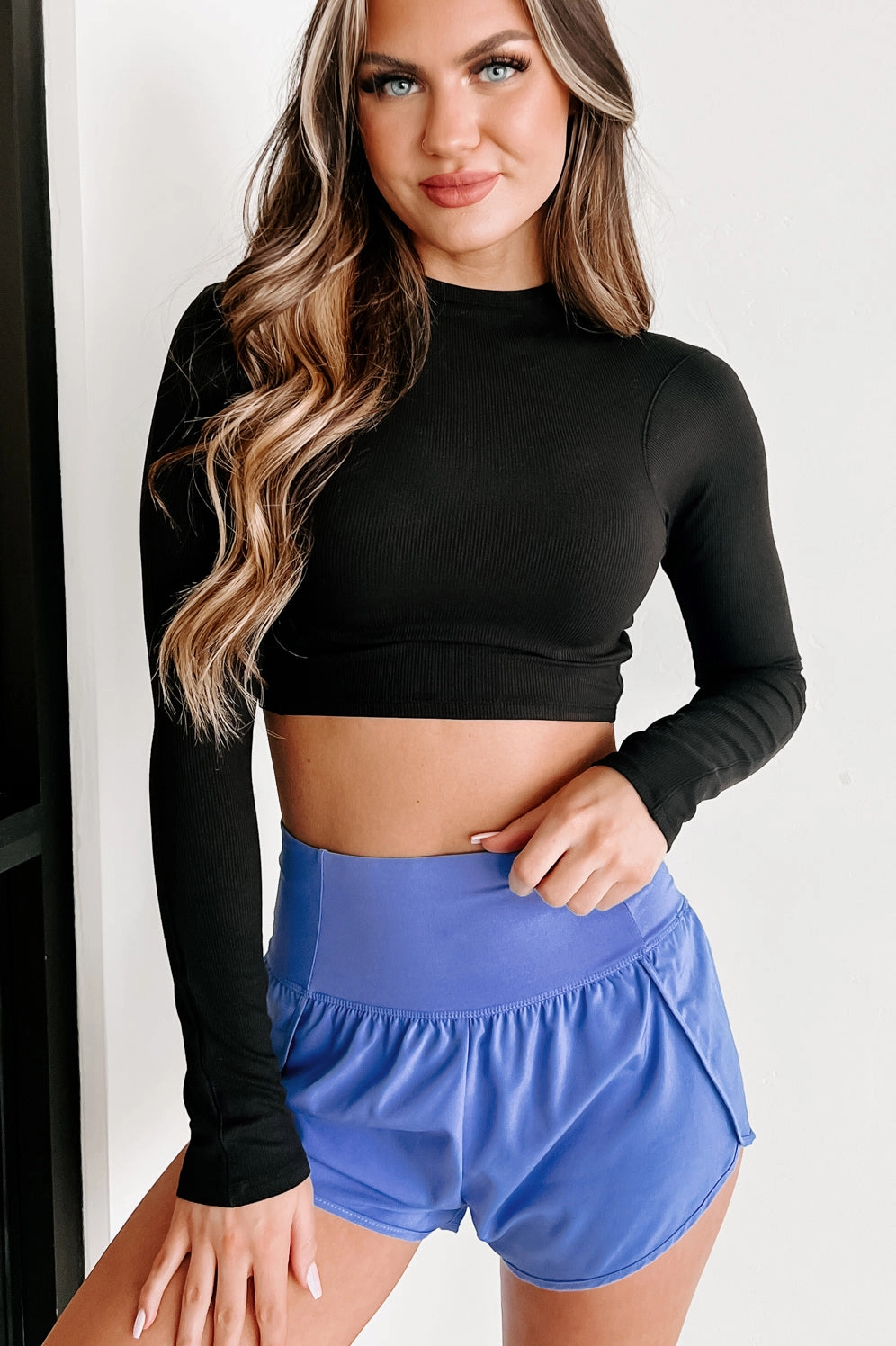Multi Way Adjustable Fit Worth The Effort Ribbed Mock Neck Long Sleeve Crop Top (Black)