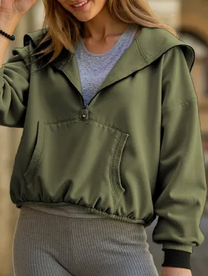 Soft Knit Sports Hoodie Zip-up Drawstring Long Sleeve Top