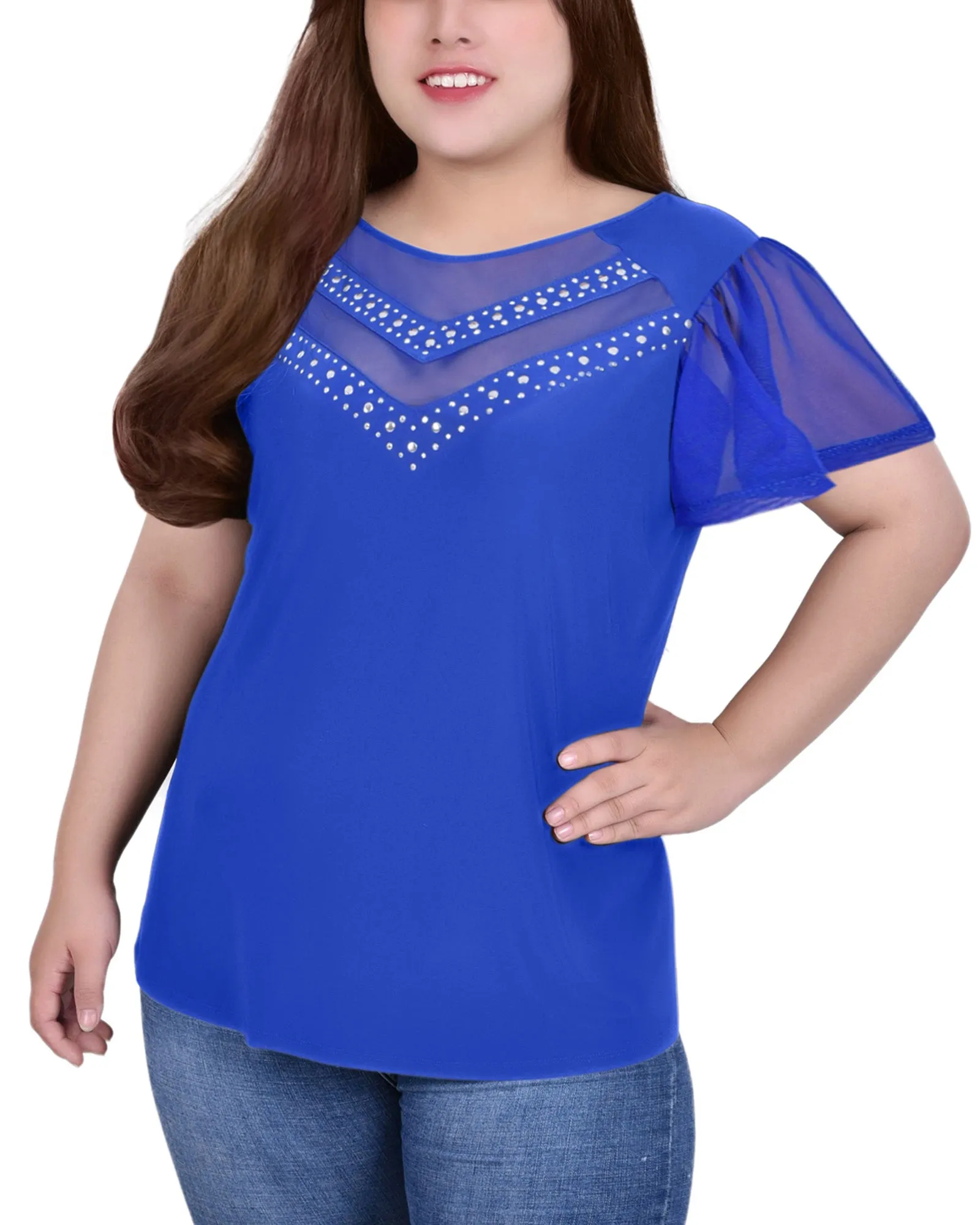 Plus Size Studded Short Flutter Sleeve Top With Mesh Details GarmentWashed Softness NonRestrictive Cut