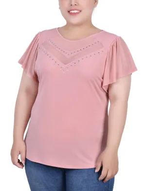Plus Size Studded Short Flutter Sleeve Top With Mesh Details Reflective Trims