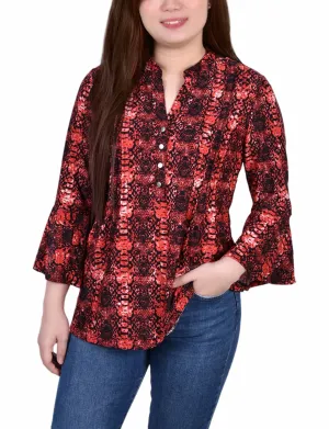 SlimFitAdaptation Casual Button-Down Petite 3/4 Bell Sleeve Pleat Front Y Neck Top