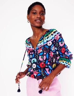 All Weather Performance Fabric Smocked Cotton Blouse-French Navy, Decorative Garden