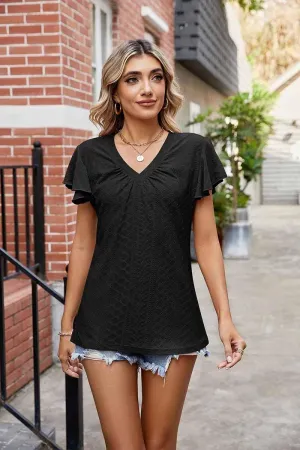 Anti Slip Shoulder Padding WRINKLED V NECK RUFFLED SLEEVES PUNCHING LACE TEE