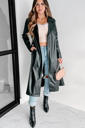 Vintage Shirt Trendset Faux Leather Trench Coat (Black)
