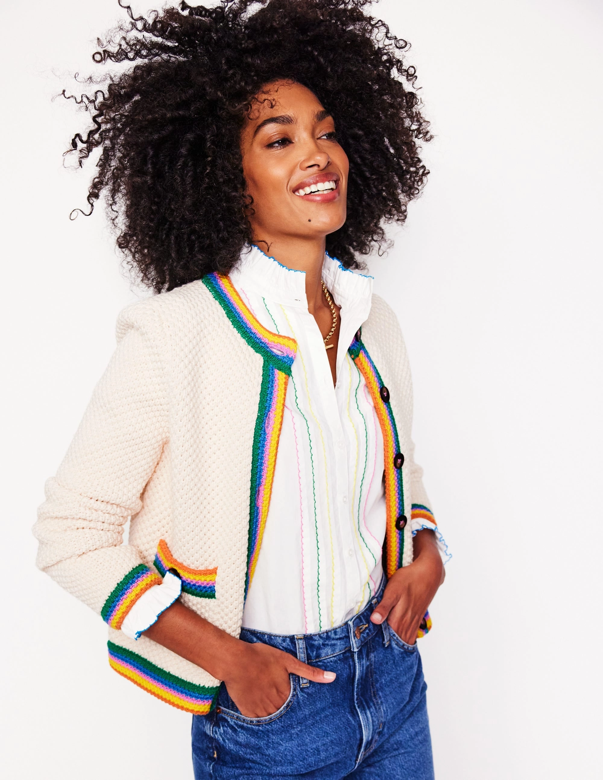 Elegant Look Interlock Knit Body Libby Knitted Jacket-Warm Ivory, Rainbow