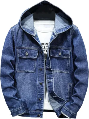 Xiaojmake Men's Distressed Denim Jacket Hooded Button Down Jean Coat Casual Fashion Long Sleeve Trucker Jackets Outwear