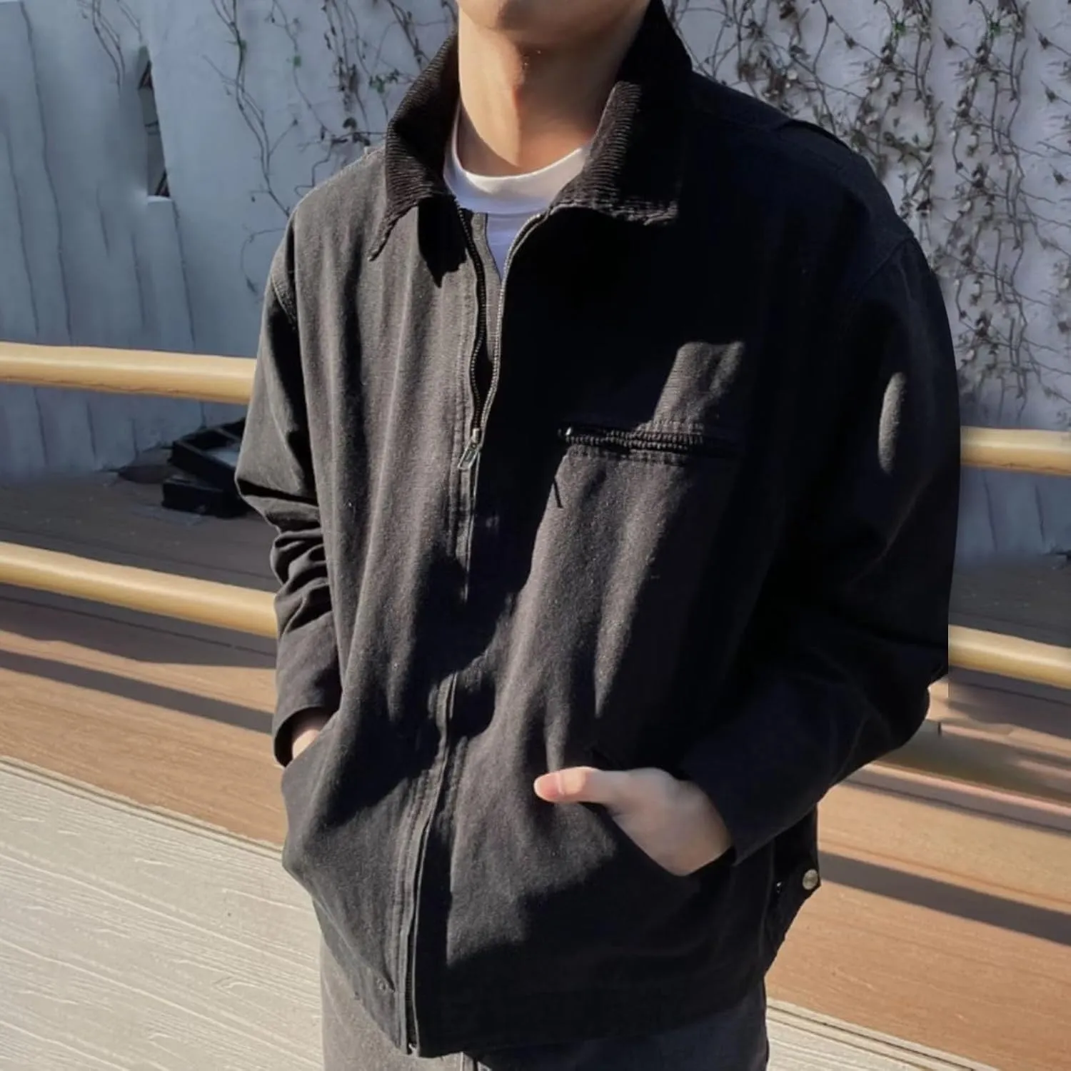 Xiaojmake Men's Trucker Jacket Lightweight Fall Jean Jackets Vintage Canvas Jackets Retro Washed Varsity Jacket Denim Coat