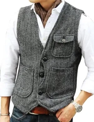 Yarizm Casual Men's Vests Herringbone Tweed Vest V-Neck Waistcoat For Men Retro Men's Wedding Vests Travel Workwear Vest