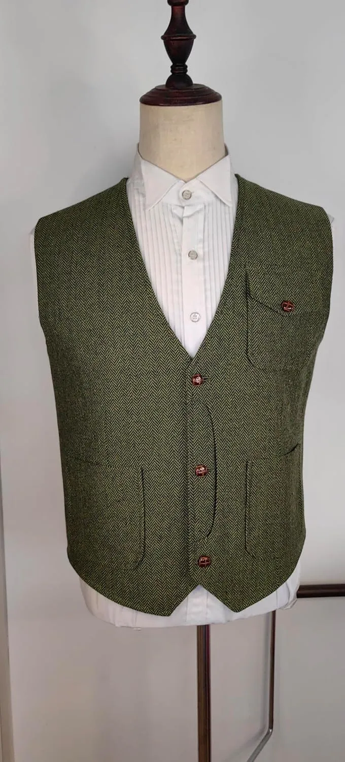 Yarizm Casual Men's Vests Herringbone Tweed Vest V-Neck Waistcoat For Men Retro Men's Wedding Vests Travel Workwear Vest
