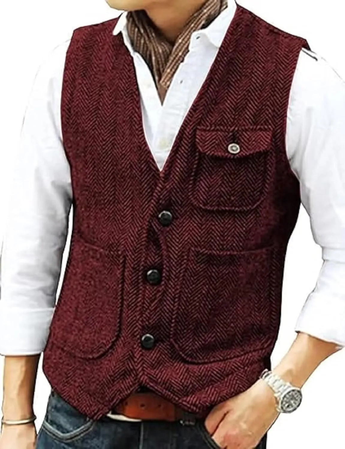 Yarizm Casual Men's Vests Herringbone Tweed Vest V-Neck Waistcoat For Men Retro Men's Wedding Vests Travel Workwear Vest