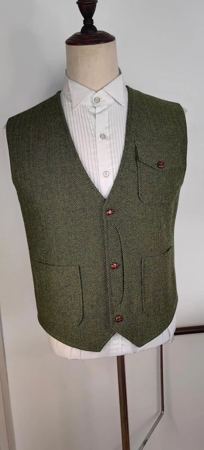 Yarizm Casual Men's Vests Herringbone Tweed Vest V-Neck Waistcoat For Men Retro Men's Wedding Vests Travel Workwear Vest