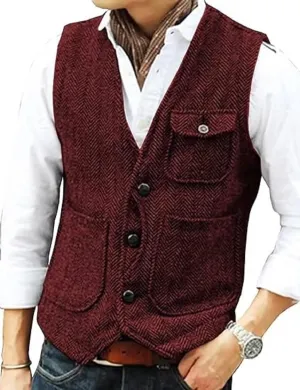 Yarizm Casual Men's Vests Herringbone Tweed Vest V-Neck Waistcoat For Men Retro Men's Wedding Vests Travel Workwear Vest