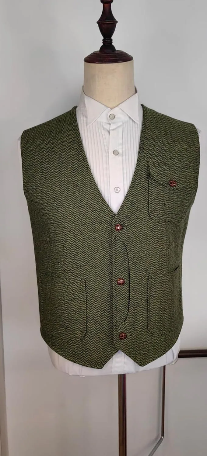 Yarizm Casual Men's Vests Herringbone Tweed Vest V-Neck Waistcoat For Men Retro Men's Wedding Vests Travel Workwear Vest