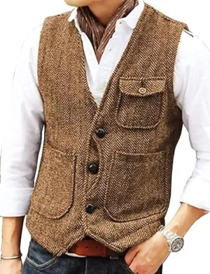 Yarizm Casual Men's Vests Herringbone Tweed Vest V-Neck Waistcoat For Men Retro Men's Wedding Vests Travel Workwear Vest