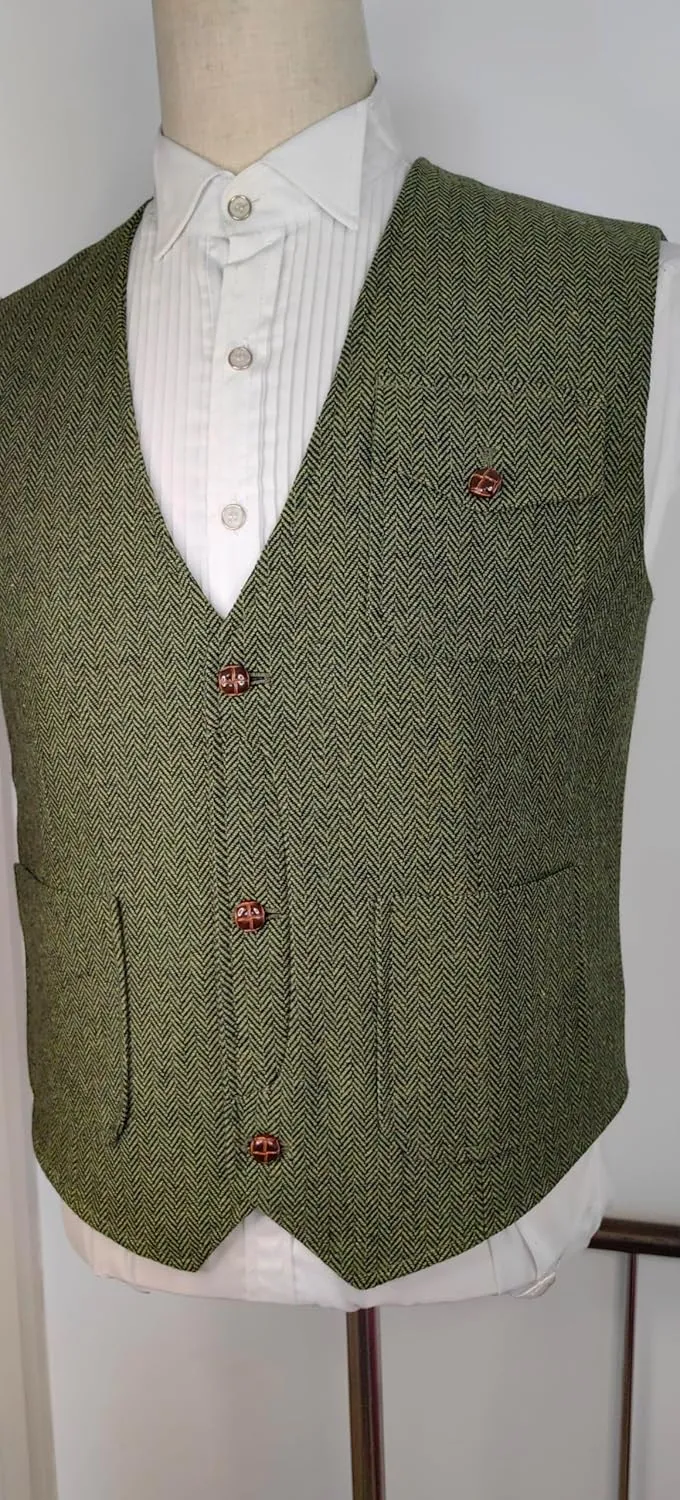 Yarizm Casual Men's Vests Herringbone Tweed Vest V-Neck Waistcoat For Men Retro Men's Wedding Vests Travel Workwear Vest