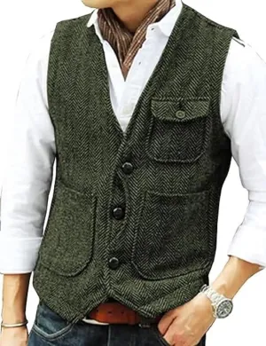 Yarizm Casual Men's Vests Herringbone Tweed Vest V-Neck Waistcoat For Men Retro Men's Wedding Vests Travel Workwear Vest