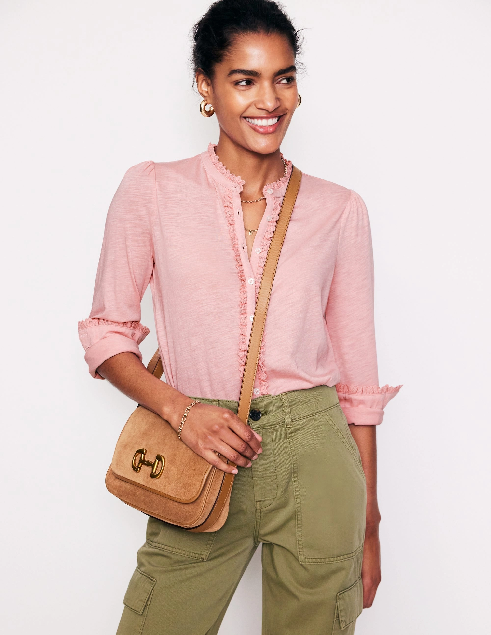 Caroline Broderie Jersey Shirt-Quartz Convertible Neckline Hypoallergenic Textile