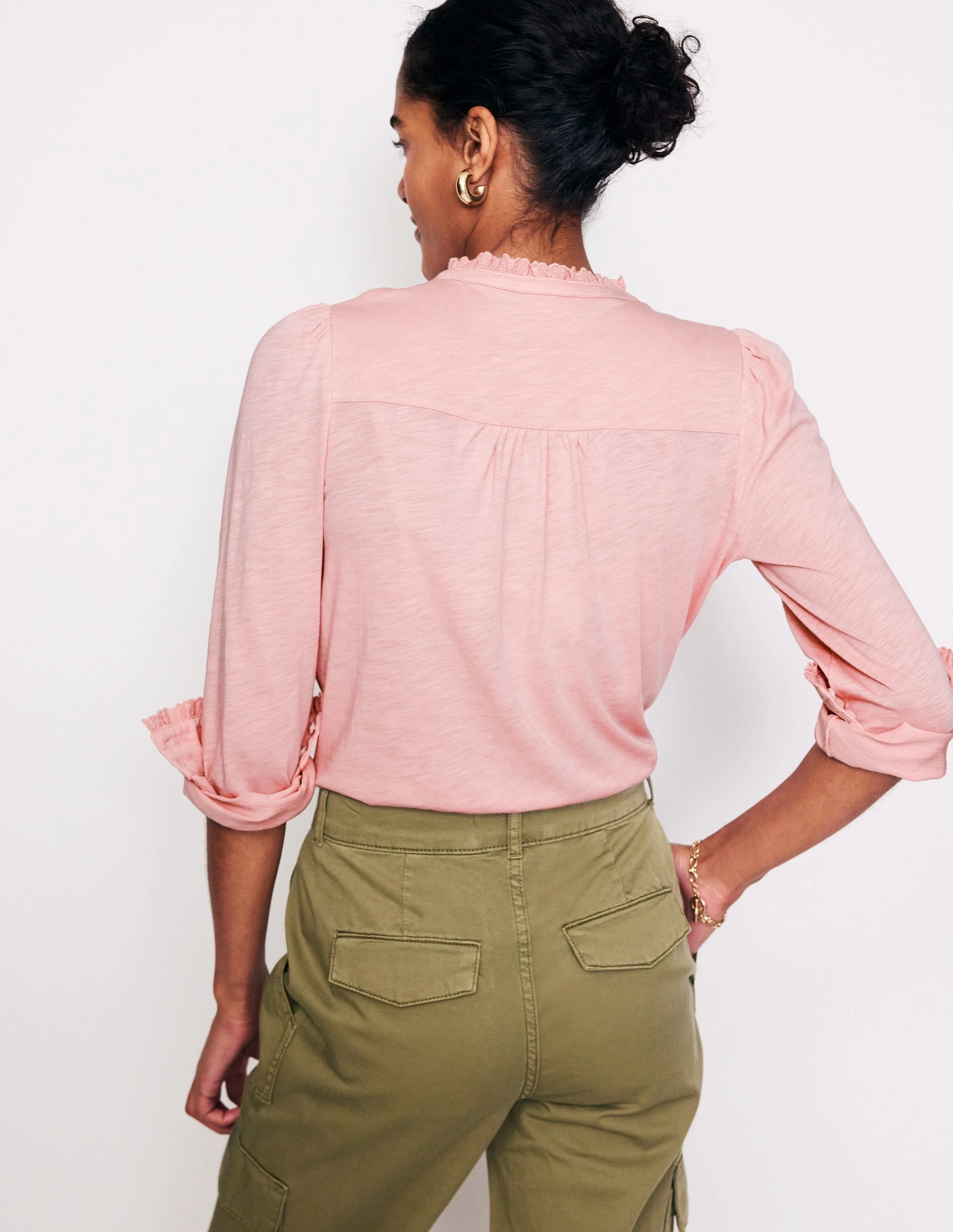 Caroline Broderie Jersey Shirt-Quartz Convertible Collar