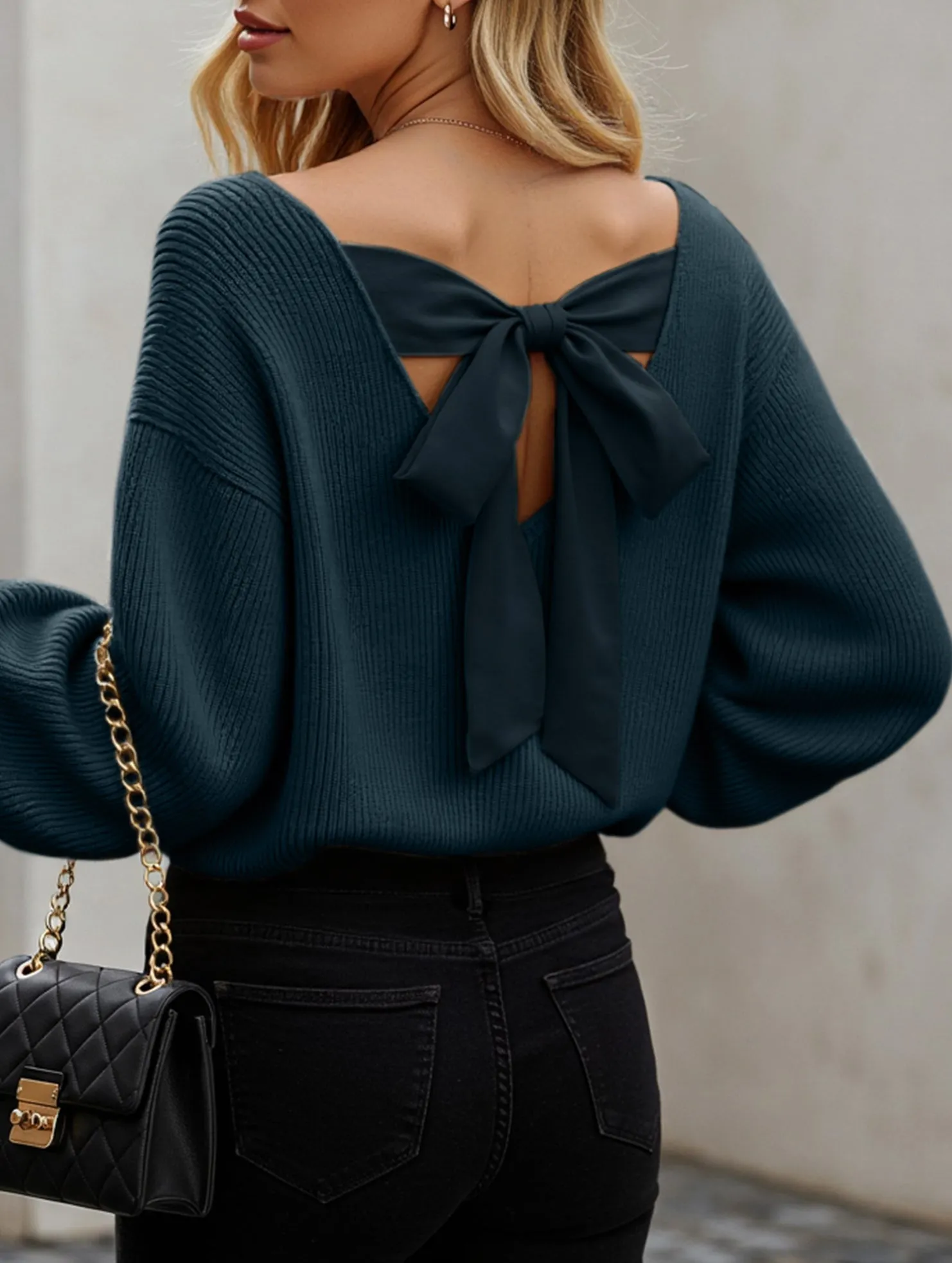 Layered Hem Reinforcement Casual loose v-neck solid color sweater