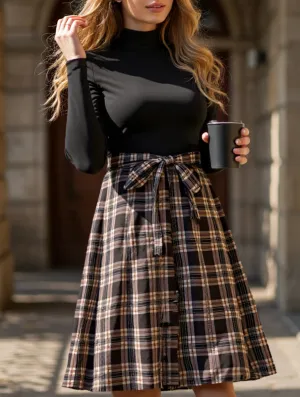 Elegant plaid long dress with stand-up collar slim fit SweatAbsorbent