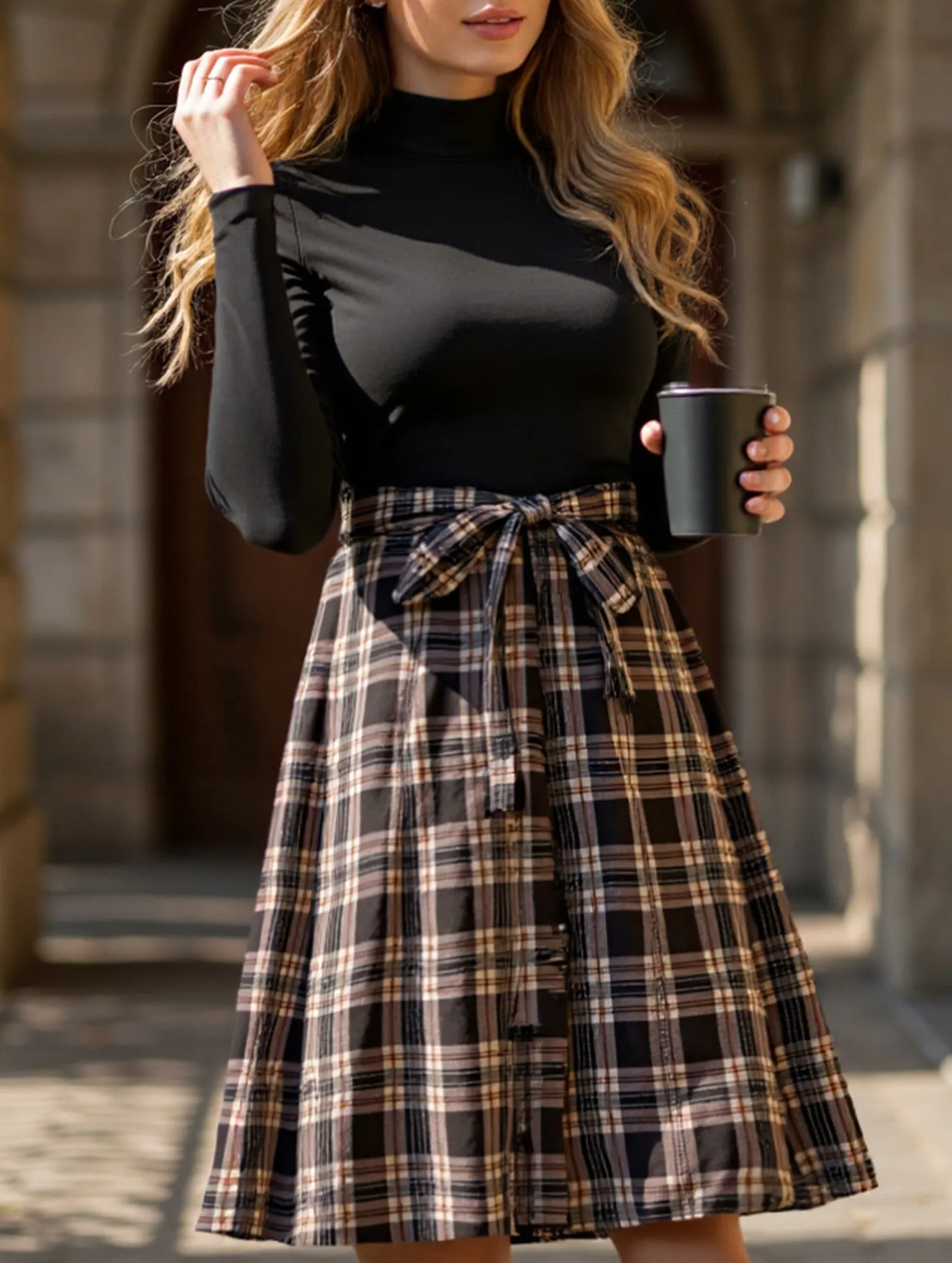Elegant plaid long dress with stand-up collar Bound Seam Edges DoubleStitchedSeams