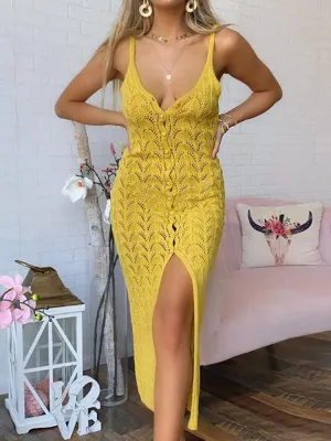 Yellow Hollow Knitted Midi Dress Button With Split