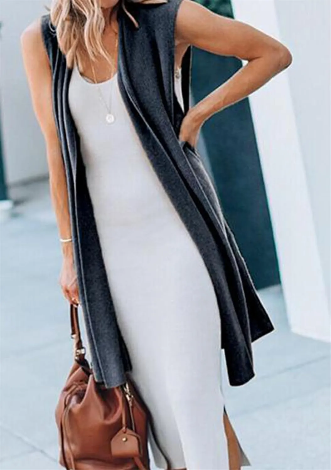 YMING Womens Lightweight Long Vests Sleeveless Open Front Cardigan Draped Layering Vest with Pockets